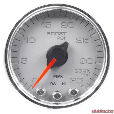 AutoMeter GAUGE; BOOST; 2 1/16in.; 35PSI; STEPPER MOTOR W/PEAK/WARN; SLVR/CHRME; SPEK-PRO - P30321