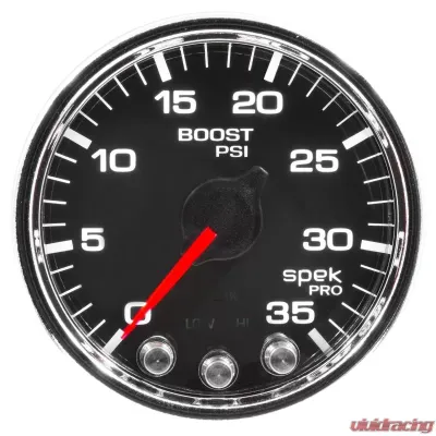 AutoMeter GAUGE; BOOST; 2 1/16in.; 35PSI; STEPPER MOTOR W/PEAK/WARN; BLK/CHROME; SPEK-PRO - P30331