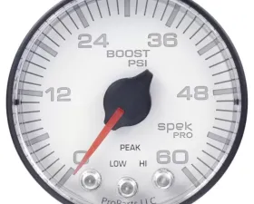 AutoMeter GAUGE; BOOST; 2 1/16in.; 60PSI; STEPPER MOTOR W/PEAK/WARN; WHT/BLK; SPEK-PRO