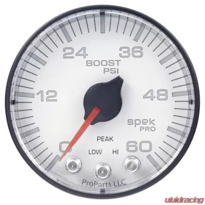 AutoMeter GAUGE; BOOST; 2 1/16in.; 60PSI; STEPPER MOTOR W/PEAK/WARN; WHT/BLK; SPEK-PRO - P304128