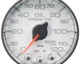 AutoMeter GAUGE; OIL PRESS; 2 1/16in.; 120PSI; STEPPER MOTOR W/PEAK/WARN; WHT/BLK; SPEK