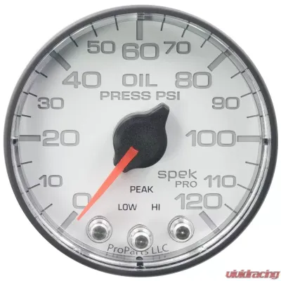 AutoMeter GAUGE; OIL PRESS; 2 1/16in.; 120PSI; STEPPER MOTOR W/PEAK/WARN; WHT/BLK; SPEK - P325128