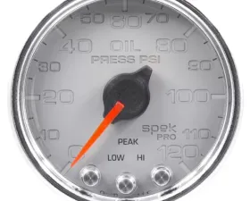 AutoMeter GAUGE; OIL PRESS; 2 1/16in.; 120PSI; STEPPER MOTOR W/PEAK/WARN; SLVR/CHRM; SPEK