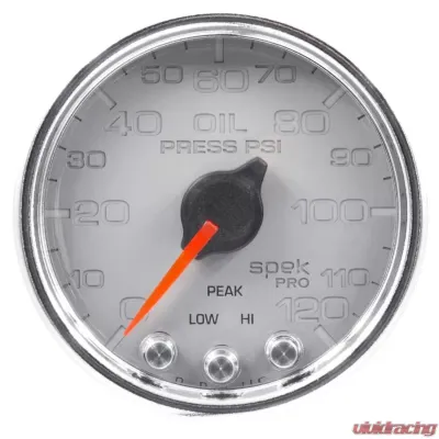 AutoMeter GAUGE; OIL PRESS; 2 1/16in.; 120PSI; STEPPER MOTOR W/PEAK/WARN; SLVR/CHRM; SPEK - P32521