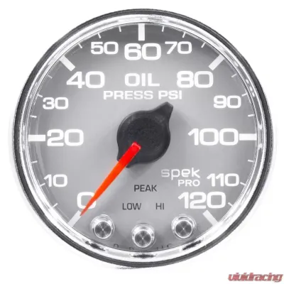 AutoMeter GAUGE; OIL PRESS; 2 1/16in.; 120PSI; STEPPER MOTOR W/PEAK/WARN; SLVR/CHRM; SPEK - P32521