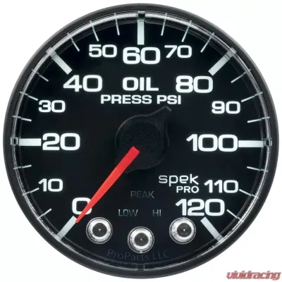 AutoMeter GAUGE; OIL PRESS; 2 1/16in.; 120PSI; STEPPER MOTOR W/PEAK/WARN; BLK/BLK; SPEK - P325328