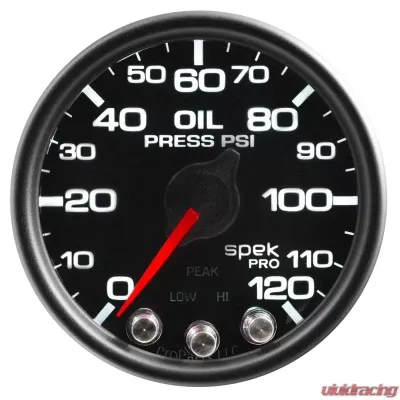 AutoMeter GAUGE; OIL PRESS; 2 1/16in.; 120PSI; STEPPER MOTOR W/PEAK/WARN; BLK/BLK; SPEK - P32532
