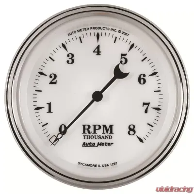 AutoMeter GAUGE; TACHOMETER; 3 3/8in.; 8K RPM; IN-DASH; OLD TYME WHITE II - 1297