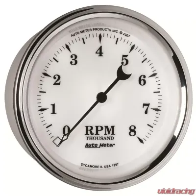 AutoMeter GAUGE; TACHOMETER; 3 3/8in.; 8K RPM; IN-DASH; OLD TYME WHITE II - 1297