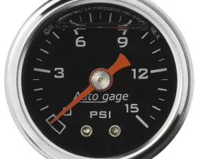 AutoMeter GAUGE; PRESSURE; 1.5in. DIRECT MNT; 15PSI; LIQUID FILLED MECH; BLK; 1/8in. NPTF