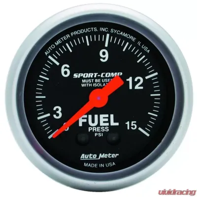 AutoMeter GAUGE; FUEL PRESSURE; 2 1/16in.; 15PSI; MECHANICAL W/ISOLATOR; SPORT-COMP - 3313
