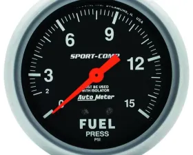 AutoMeter GAUGE; FUEL PRESSURE; 2 5/8in.; 15PSI; MECHANICAL W/ISOLATOR; SPORT-COMP