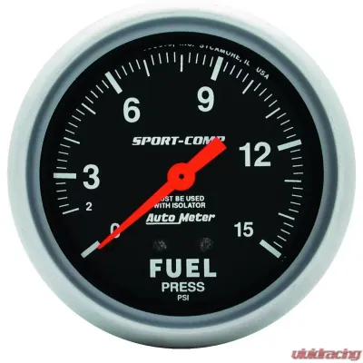 AutoMeter GAUGE; FUEL PRESSURE; 2 5/8in.; 15PSI; MECHANICAL W/ISOLATOR; SPORT-COMP - 3413