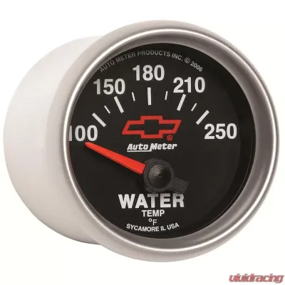 AutoMeter GAUGE; WATER TEMP; 2 1/16in.; 100-250deg.F; ELECTRIC; CHEVY RED BOWTIE; BLACK - 3637-00406