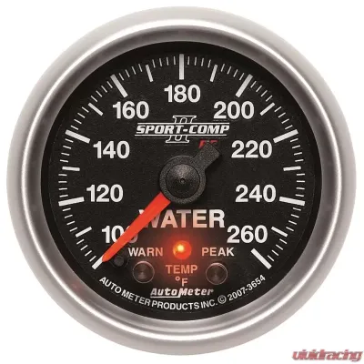 AutoMeter GAUGE; WATER TEMP; 2 1/16in.; 100-260deg.F; STEPPER MOTOR W/PEAK/WRN; SPORT-COMP - 3654