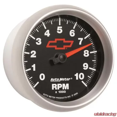 AutoMeter GAUGE; TACHOMETER; 3 3/8in.; 10K RPM; IN-DASH; CHEVY RED BOWTIE; BLACK - 3697-00406