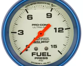 AutoMeter GAUGE; FUEL PRESS; 2 5/8in.; 15PSI; LIQUID FILLED MECH; GLOW IN DARK; ULTRA-NITE