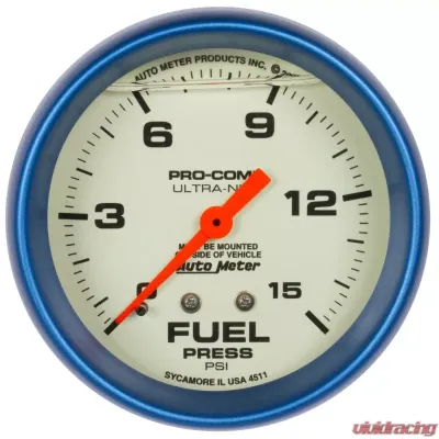 AutoMeter GAUGE; FUEL PRESS; 2 5/8in.; 15PSI; LIQUID FILLED MECH; GLOW IN DARK; ULTRA-NITE - 4211