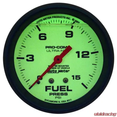 AutoMeter GAUGE; FUEL PRESS; 2 5/8in.; 15PSI; LIQUID FILLED MECH; GLOW IN DARK; ULTRA-NITE - 4211