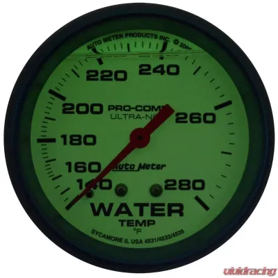 AutoMeter GAUGE; WTEMP; 2 5/8in.; 140-280deg.F; LIQUID FILLED MECH; GLOW IN DARK; ULTRA-NI - 4231