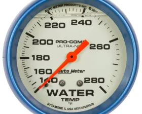 AutoMeter GAUGE; WTEMP; 2 5/8in.; 140-280deg.F; LIQ FILLD MECH; 4FT.; GLOW IN DARK; ULTRA-