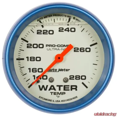 AutoMeter GAUGE; WTEMP; 2 5/8in.; 140-280deg.F; LIQ FILLD MECH; 4FT.; GLOW IN DARK; ULTRA- - 4235