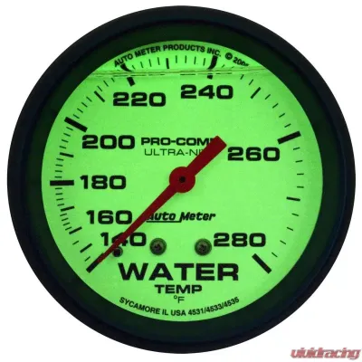 AutoMeter GAUGE; WTEMP; 2 5/8in.; 140-280deg.F; LIQ FILLD MECH; 4FT.; GLOW IN DARK; ULTRA- - 4235