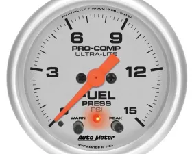 AutoMeter GAUGE; FUEL PRESS; 2 1/16in.; 15PSI; STEPPER MOTOR W/PEAK/WARN; ULTRA-LITE