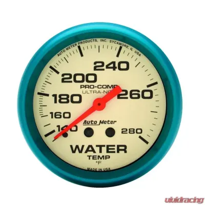 AutoMeter GAUGE; WATER TEMP; 2 5/8in.; 140-280deg.F; MECH.; GLOW IN THE DARK; ULTRA-NITE - 4531