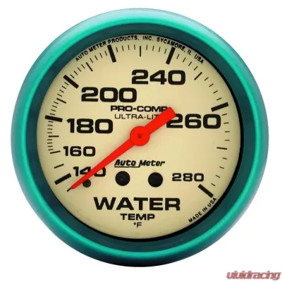 AutoMeter GAUGE; WATER TEMP; 2 5/8in.; 140-280deg.F; MECH.; 4FT.; GLOW IN DARK; ULTRA-NITE - 4535