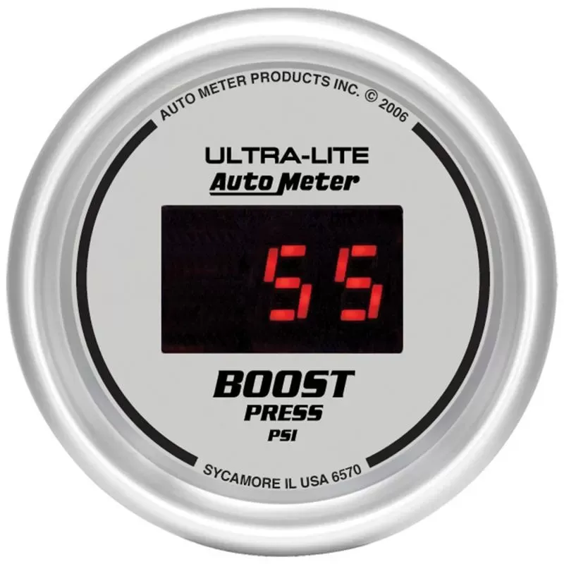 AutoMeter GAUGE; BOOST; 2 1/16in.; 60PSI; DIGITAL; SILVER DIAL W/RED LED - 6570