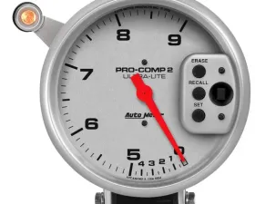 AutoMeter GAUGE; TACH; 5in.; 9K RPM; PEDESTAL W/QUICK LITE; DUAL RANGE W/PEAK MEMORY; UL