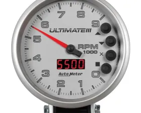 AutoMeter GAUGE; TACH; 5in.; 9K RPM; PEDESTAL; DATALOGGING; ULTIMATE III PLAYBACK; SILVER