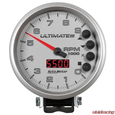 AutoMeter GAUGE; TACH; 5in.; 9K RPM; PEDESTAL; DATALOGGING; ULTIMATE III PLAYBACK; SILVER - 6882