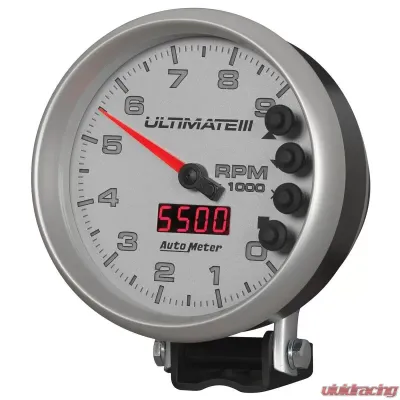 AutoMeter GAUGE; TACH; 5in.; 9K RPM; PEDESTAL; DATALOGGING; ULTIMATE III PLAYBACK; SILVER - 6882