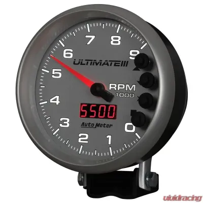 AutoMeter GAUGE; TACH; 5in.; 9K RPM; PEDESTAL; DATALOGGING; ULTIMATE III PLAYBACK; SILVER - 6882