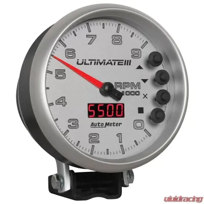AutoMeter GAUGE; TACH; 5in.; 9K RPM; PEDESTAL; DATALOGGING; ULTIMATE III PLAYBACK; SILVER - 6882