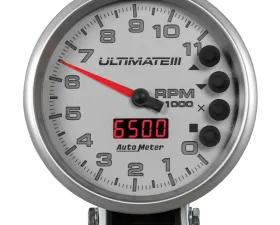 AutoMeter GAUGE; TACH; 5in.; 11K RPM; PEDESTAL; DATALOGGING; ULTIMATE III PLAYBACK; SILVER