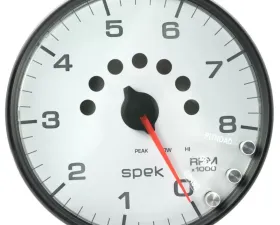 AutoMeter GAUGE; TACHOMETER; 5in.; 8K RPM; W/SHIFT LIGHT/PEAK MEM; WHITE/BLACK; SPEK-PRO