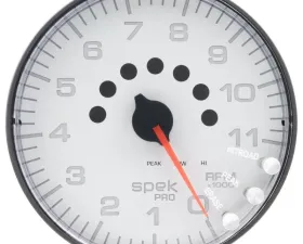 AutoMeter GAUGE; TACHOMETER; 5in.; 11K RPM; W/SHIFT LIGHT/PEAK MEM; WHITE/BLACK; SPEK-PRO