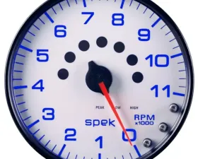 AutoMeter GAUGE; TACHOMETER; 5in.; 11K RPM; W/SHIFT LIGHT/PEAK MEM; WHITE/BLACK; SPEK-PRO