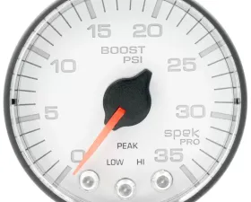 AutoMeter GAUGE; BOOST; 2 1/16in.; 35PSI; STEPPER MOTOR W/PEAK/WARN; WHITE/BLACK; SPEK-PRO