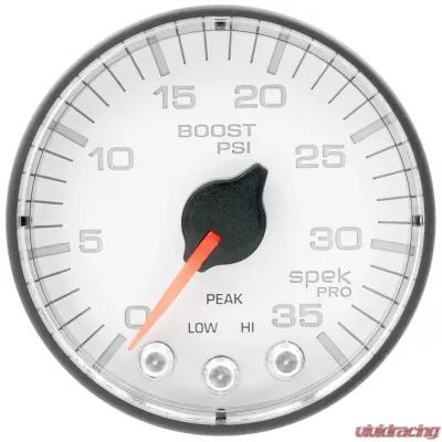 AutoMeter GAUGE; BOOST; 2 1/16in.; 35PSI; STEPPER MOTOR W/PEAK/WARN; WHITE/BLACK; SPEK-PRO - P303128