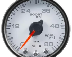 AutoMeter GAUGE; BOOST; 2 1/16in.; 60PSI; STEPPER MOTOR W/PEAK/WARN; WHT/BLK; SPEK-PRO