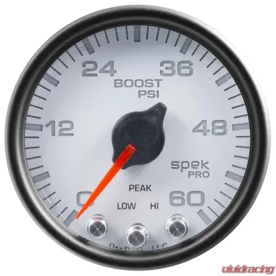 AutoMeter GAUGE; BOOST; 2 1/16in.; 60PSI; STEPPER MOTOR W/PEAK/WARN; WHT/BLK; SPEK-PRO - P30412
