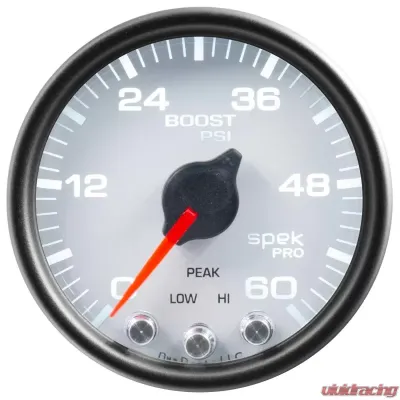 AutoMeter GAUGE; BOOST; 2 1/16in.; 60PSI; STEPPER MOTOR W/PEAK/WARN; WHT/BLK; SPEK-PRO - P30412