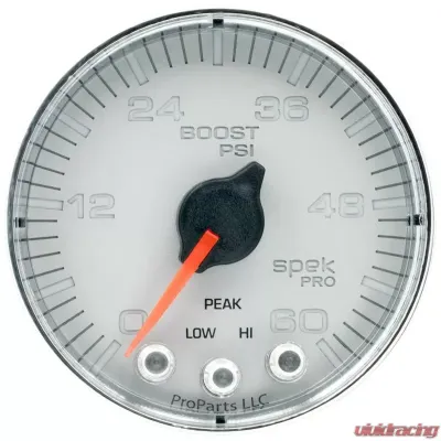 AutoMeter GAUGE; BOOST; 2 1/16in.; 60PSI; STEPPER MOTOR W/PEAK/WARN; SLVR/CHRM; SPEK-PRO - P304218