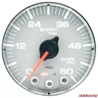 AutoMeter GAUGE; BOOST; 2 1/16in.; 60PSI; STEPPER MOTOR W/PEAK/WARN; SLVR/CHRM; SPEK-PRO - P304218