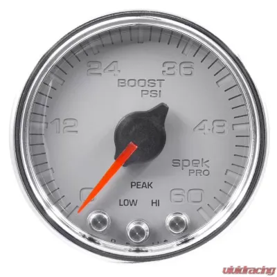 AutoMeter GAUGE; BOOST; 2 1/16in.; 60PSI; STEPPER MOTOR W/PEAK/WARN; SLVR/CHRM; SPEK-PRO - P30421