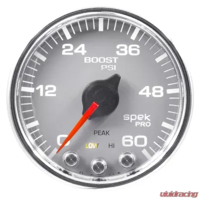 AutoMeter GAUGE; BOOST; 2 1/16in.; 60PSI; STEPPER MOTOR W/PEAK/WARN; SLVR/CHRM; SPEK-PRO - P30421